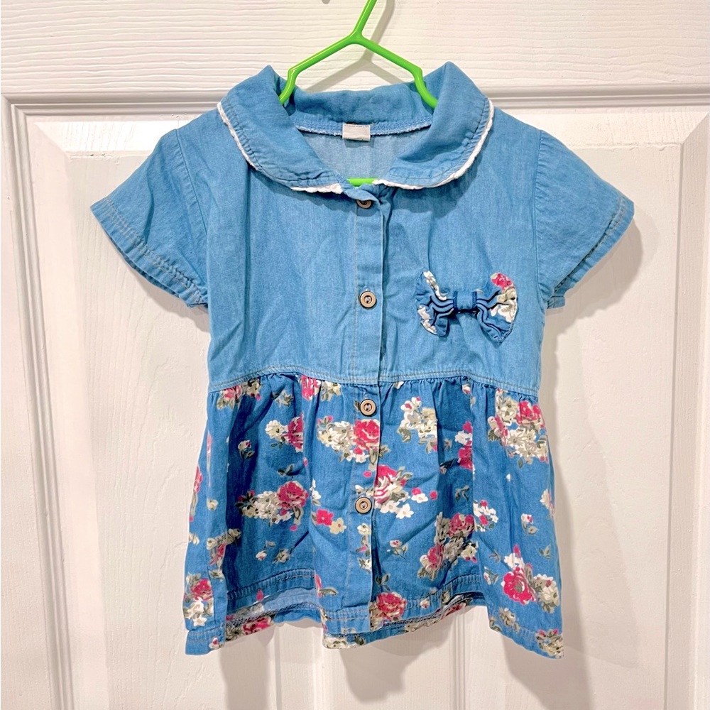 Toddler Girls Floral Denim Tunic Shirt / Dress